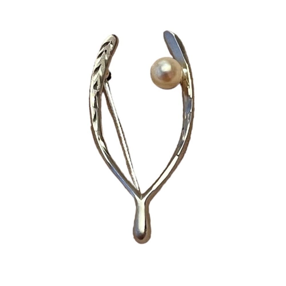 Vintage Sterling Silver Wishbone Pearl Brooch